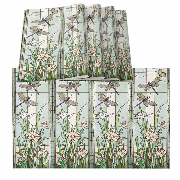 Dark Green Grass Placemats for Dinning Table Set of 4, Flower Dragonfly Retro Pastoral Rustic Burlap Kitchen Place Mats Waterproof Cloth Table Mats, Indoor Outdoor Placemats Easy Clean Dinner Decor