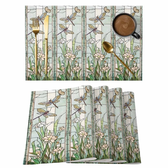 Dark Green Grass Placemats Set of 2,Cotton Linen Fabric Place Mats,Flower Dragonfly Retro Pastoral Rustic Washable Decorative Table Mats Protector for Home Kitchen Dining Wedding Party Coffee Tables