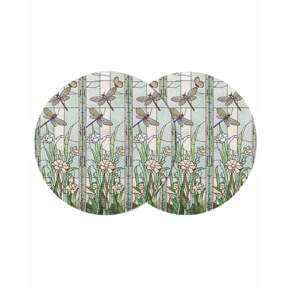 Dark Green Grass Round 13 Inch Placemats Set of 2, Flower Dragonfly Retro Pastoral Rustic HeatResistant Non Slip Place Mats for Dining Table, Wipeable Braided Kitchen Table Mats for Housewarming