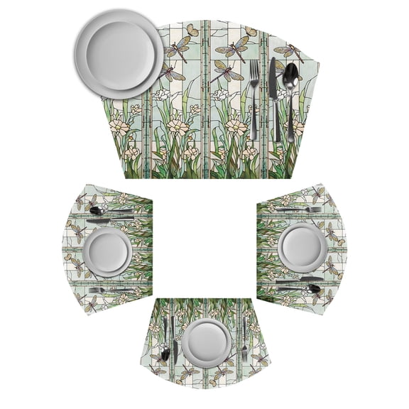 Dark Green Grass Round Table Placemats Set of 2 Wedge Placemats, Flower Dragonfly Retro Pastoral Rustic Place Mats for Dining Table Set Washable Mats Kitchen Decor for Indoor Outdoor Wipe Clean