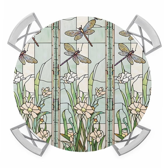 Dark Green Grass Round Tablecloth for 36-44 Inch Tables,Fitted Table Cover with Elastic Edge,Flower Dragonfly Retro Pastoral Rustic Waterproof Outdoor Table Cloth Protector for Patio Garden Dinner