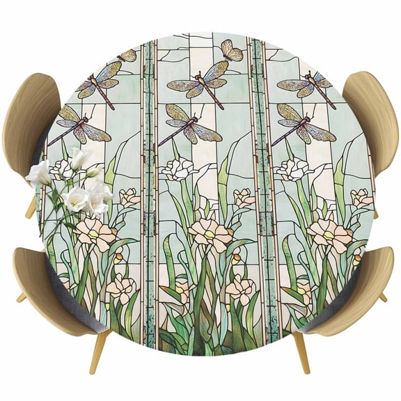 Dark Green Grass Round Tablecloth, Fitted Table Cover with Elastic for 36"-44" Round Tables, Flower Dragonfly Retro Pastoral Rustic Table Cloth Outdoor Indoor Dinning Party Waterproof Tablecloths