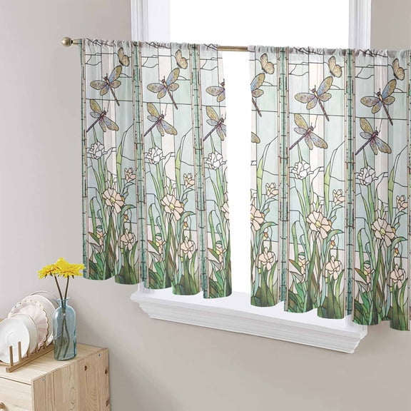 Dark Green Grass Sheer Curtains 54 Inches Length 2 Panels Set, Window Sheer Curtains for Living Room/Bedroom, Flower Dragonfly Retro Pastoral Rustic Light Filtering Rod Pocket Curtain 52'' x 54'' x 2
