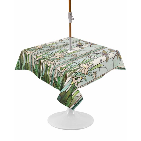 Dark Green Grass Square Outdoor Tablecloth, Waterproof Table Cloth Cover with Umbrella Hole and Zipper, Flower Dragonfly Retro Pastoral Rustic Table Protector for Patio Party Picnic 54"x54"
