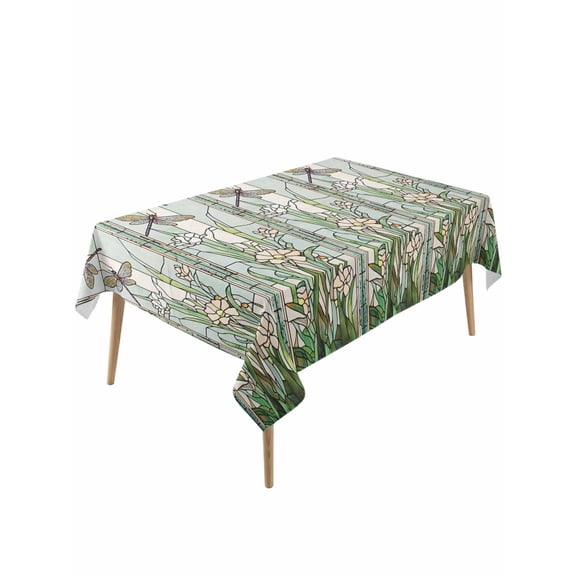 Dark Green Grass Table Cloth, Flower Dragonfly Retro Pastoral Rustic Waterproof Tablecloth for Rectangle Tables, Reusable Washable Fabric Table Cover for Restaurant Kitchen Dining Tables 60"x120"