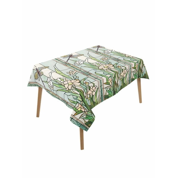 Dark Green Grass Table Cloth, Flower Dragonfly Retro Pastoral Rustic Waterproof Tablecloth for Rectangle Tables, Reusable Washable Fabric Table Cover for Restaurant Kitchen Dining Tables 60"x84"