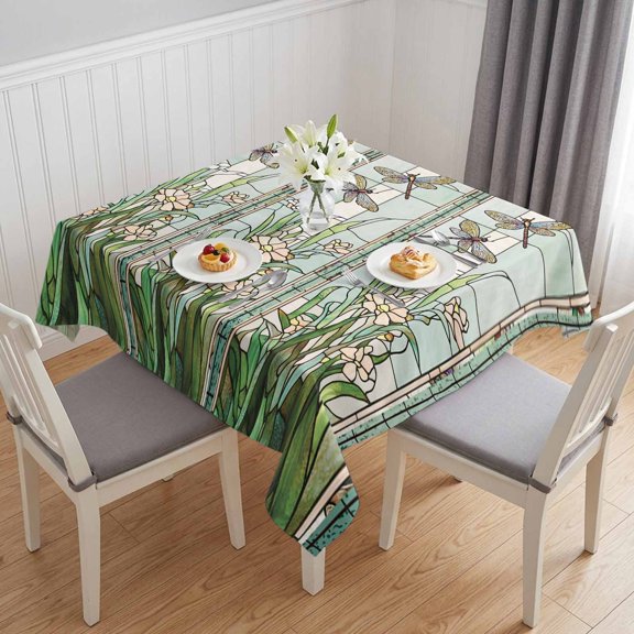 Dark Green Grass Table Cloth Waterproof Tablecloths, Flower Dragonfly Retro Pastoral Rustic Tablecloth Dining Table Cover for Kitchen Party Tabletop Outdoor, Square Tablecloth 54x54 Inch