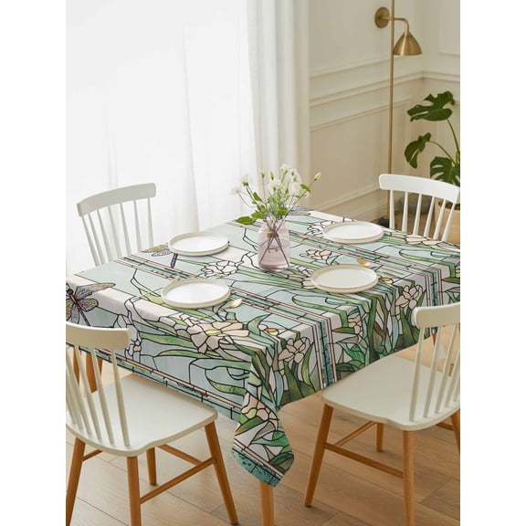 Dark Green Grass Tablecloth Rectangle Table Cloth 60x102, Waterproof Tablecloth Outdoor Table Cloth, Flower Dragonfly Retro Pastoral Rustic Washable Table Cover for Kitchen Dinning Party