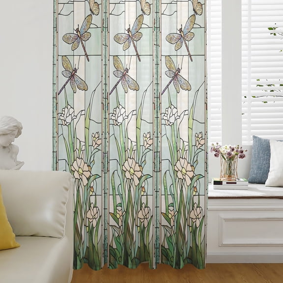 Dark Green Grass Window Curtains 72 Inches Long,Flower Dragonfly Retro Pastoral Rustic Semi Sheer Rod Pocket Chiffon Curtains & Drapes Drapery Voile Draperies Window Treatment for Living Room/Bedroom