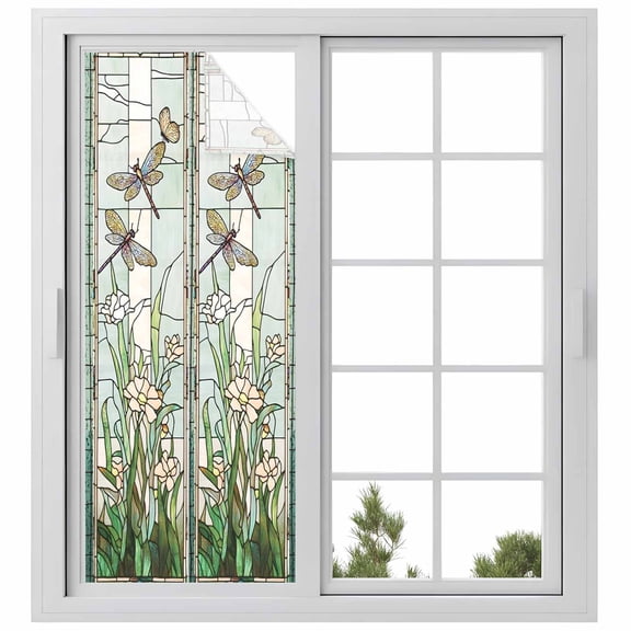 Dark Green Grass Window Privacy Film, Flower Dragonfly Retro Pastoral Rustic Static Cling UV Sun Blocking Heat Control Window Tint, Non-Adhesive One Way Windows Privacy Cover 23.6''x59''