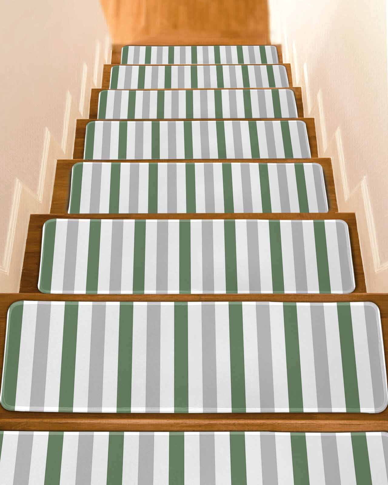 Dark Green Grey Stripe Stair Treads Non Slip for Steps Classic Modern 7 ...