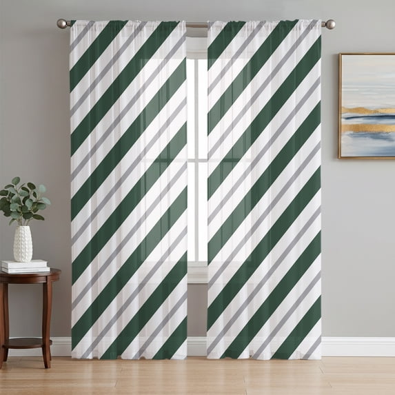 Long Valance Dark Green Grey Striped Sheer Curtains 96 Inch Length 2 Panels Set ...