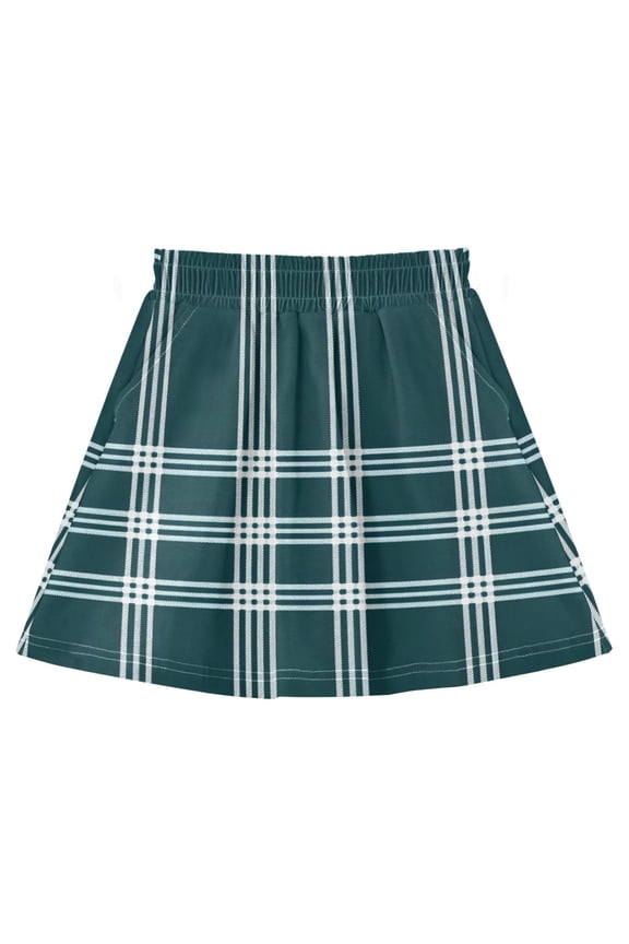 Dark Green Grid Pattern Cotton Skirt Built-in Liner Elastic A-Line Flared Skirt with Pockets