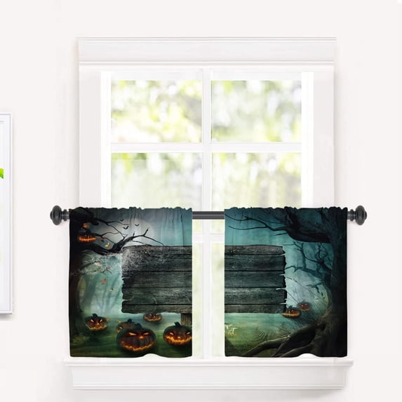 Dark Green Halloween Horror Forest Kitchen Tier Curtains for Windows,Moon Bats Blackout Valances Multilayer Polyester Window Treatments for Kitchen 2 Pack 26X24 Inches