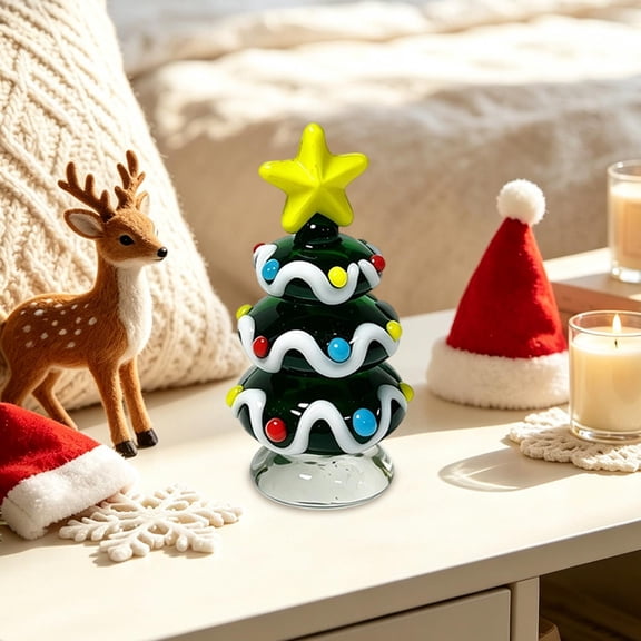 Dark Green Hand Blown Glass Christmas Tree, Mini Cone with White Candy Cane Stripes and Color Dots, Tabletop Shelf Mantel Winter Holiday Decor