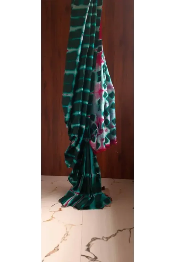 Dark Green Hand Tie & Dye Bandhej Pure Silk Saree