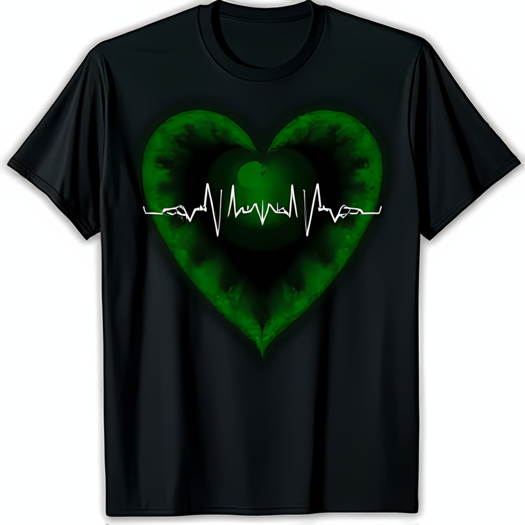 Dark Green Heart EKG Line Graphic TShirt & Life Design on Black