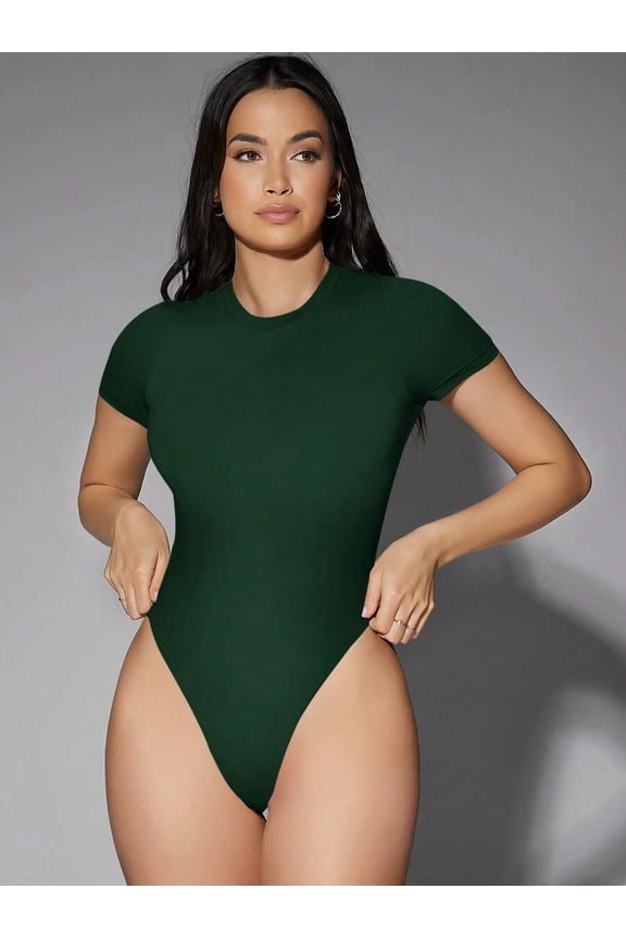 Dark Green High-Cut Short Sleeve Tee Bodysuit For Women