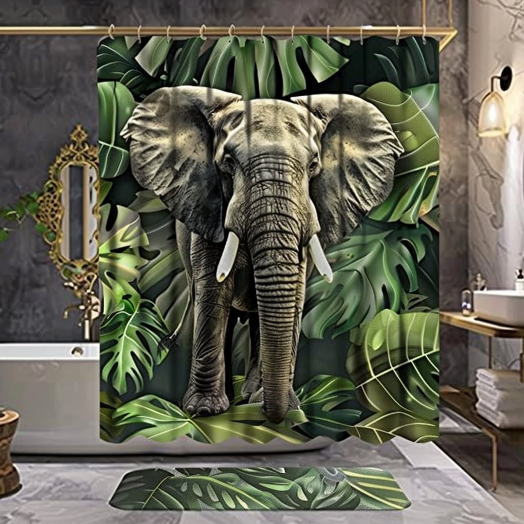 Dark Green Jungle Rainforest Elephant Print Shower Curtain Bathroom