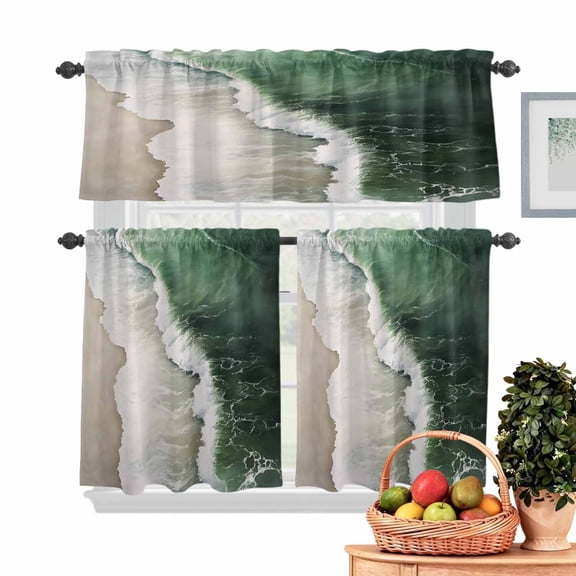 Dark Green Kitchen Curtains Valances 3 Piece Set, Ocean Wave Beach Scenery Modern Art Rod Pocket Tier Curtain and Valance Drapes for Small Window 36 Inch Length for Bedroom Cafe