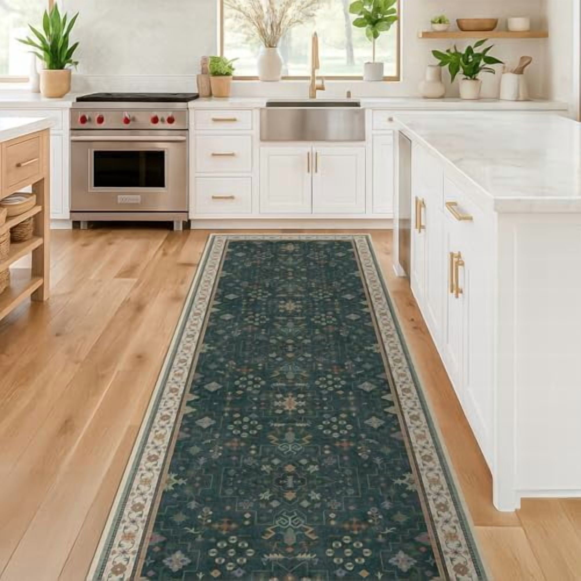 Dark Green Kitchen Rug 12 ft Long - Modern Vintage Boho Eclectic Floral ...