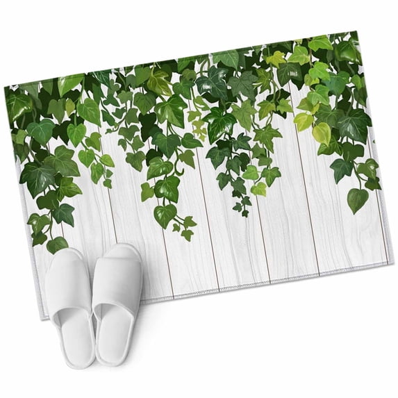 Dark Green Leaf Bathroom Rug Washable 2x3 Entryway Rug Non Slip Spring Watercolor Plant Wooden Grain Front Door Mat Low Pile Indoor Doormat Throw Floor Carpet for Kitchen Bedroom Entrance