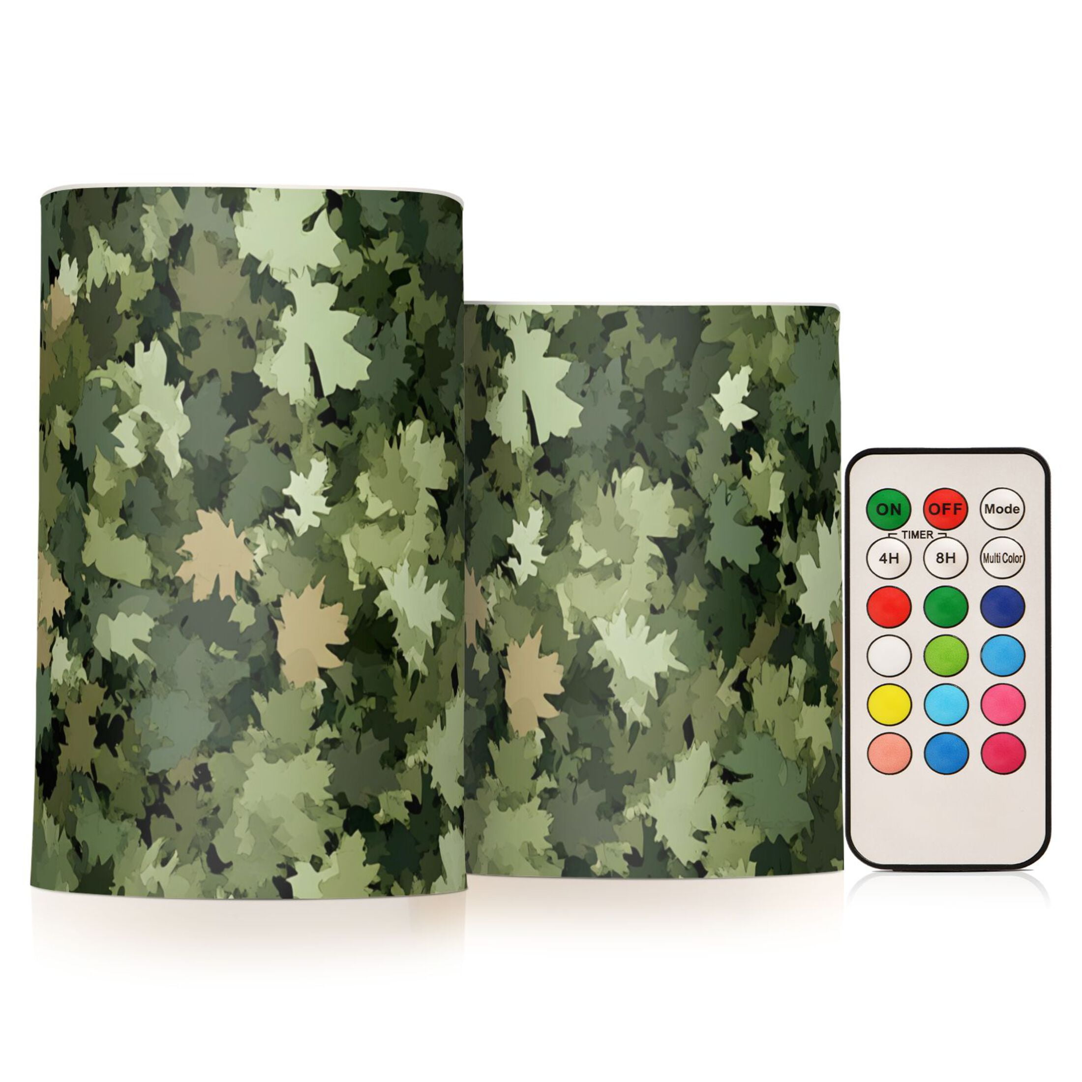 Dark Green Leaf Camouflage Flickering Flameless Candles Battery Operated with Remote Timer LED Pillar Candles Set of 2
