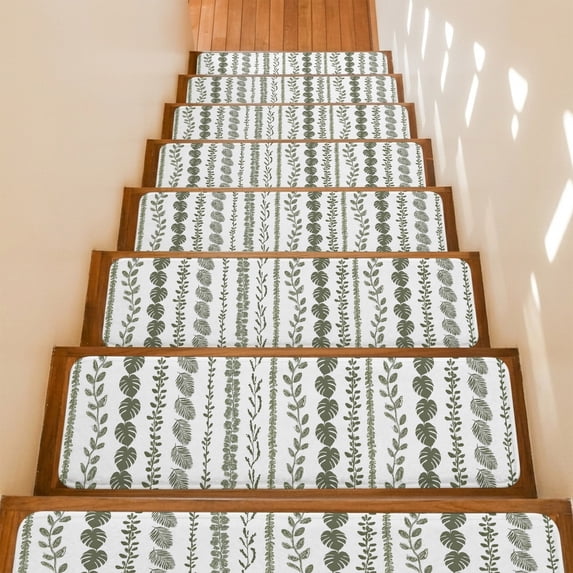 Dark Green Leaf Stair Treads Non Slip for Steps Summer Botanical Vertical Natural Stripes 7 Pcs Reusable Adhesive Stair Runner Mats for Dogs Elders Carpet Treads Rugs for Staircase 8x30 In