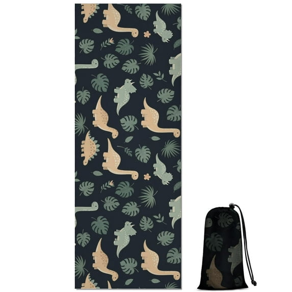 Dark Green Leafy Dinosaurs Pattern Hot Yoga Mat Towel Non Slip for Hot Yoga - Quick-Drying Yoga Mat Cover with 4 Corner Pockets with Travel Bag - Hot Yoga Towel Non Slip 70"x26"