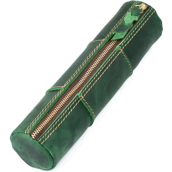 Dark Green Leather Pencil Case Vintage Pen Bag for Adults Cylindrical Zipper Pencil Pouch Stationery Organizer Case for Work & Travel (8.07"L×2.05'W×2.05"H)
