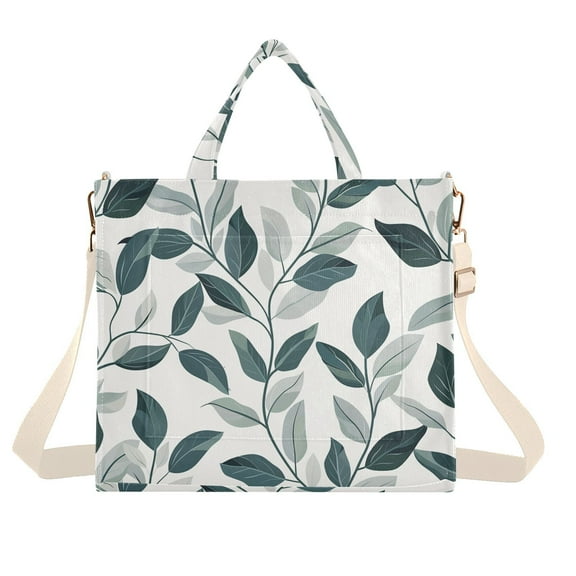 Dark Green Leaves Vines Corduroy Tote Bag Handbag Large Messenger Bag Shoulder Crossbody Zipper Bag Purse