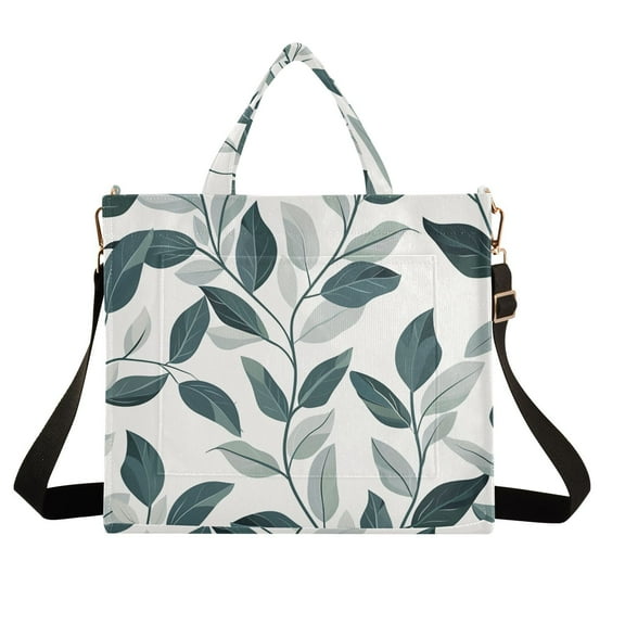 Dark Green Leaves Vines Corduroy Tote Bag Handbag Large Messenger Bag Shoulder Crossbody Zipper Bag Purse