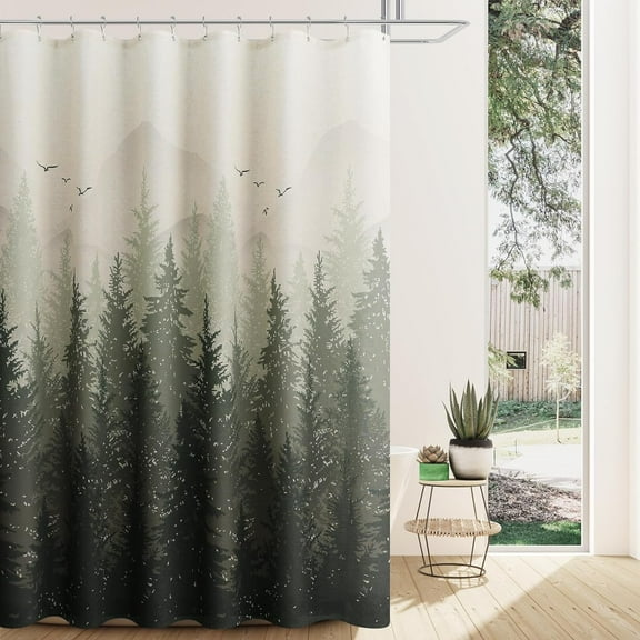Dark Green Linen Misty Forest Shower Curtain Rustic Linen Fabric Shower Curtain with Hooks Farmhouse Country Shower Curtain Tree Mountain Nature Scene Shower Curtains for Bathroom 72x72