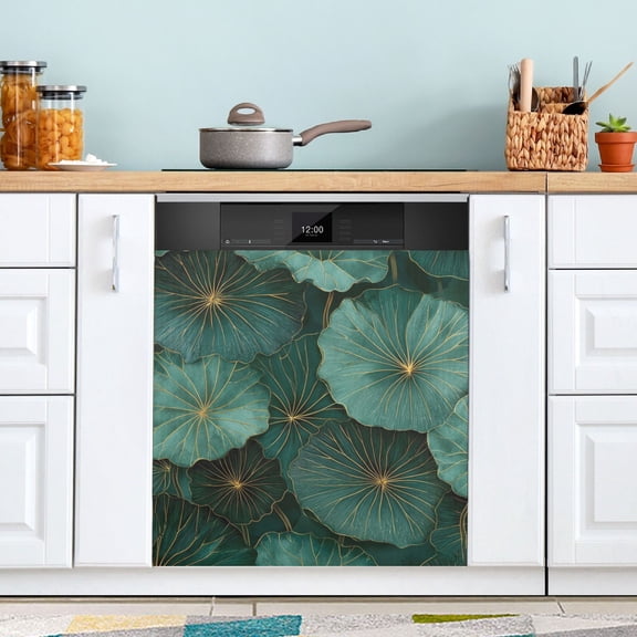 Dark Green Lotus Leaves Dishwasher Magnet Cover Reuseable Refrigerator Magnet Cover Decal Kitchen Fridge Microwave Stickers Hoilday Party Decor 23 x 26 inch