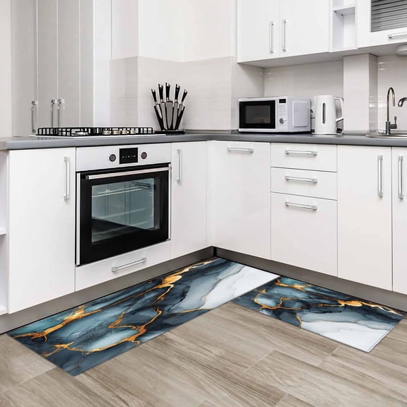 Dark Green Marble 2 Pieces Non-Slip Kitchen Mat Set Modern Abstract Aesthetics Luxury Soft Door Mat with Rubber Backing,Dirtproof Rugs for Entrance Doorway 20x24in+20x48in