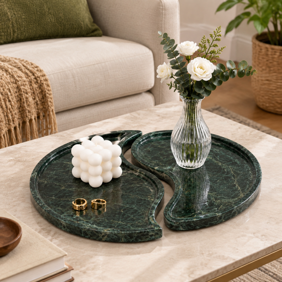 Dark Green Marble Decorative Tray Set of 2 Interlocking Half Moon Catchall Trays