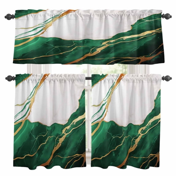 Dark Green Marble Kitchen Curtains Sets for Windows 24 Inch Length, Modern Ink Painting Art Abstract Rod Pocket Window Treatments Tier Curtains and Valances Set for Bedroom/Bathroom