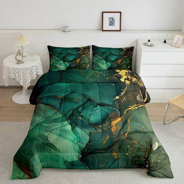 Dark Green Marbling Comforter Set King Aqua Turqoise Bedding Set, Abstract Geometry Bedding Comforter Sets Gold Metallic Glitter Duvet Sets, Watercolor Foil Print Quilted Comforter Home Decor