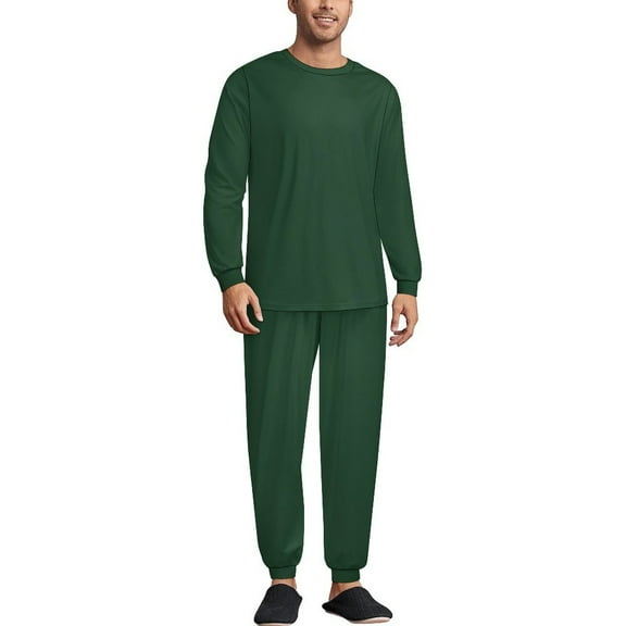Dark Green Men's Pajama Set Sleepwear Pjs Lightweight Long Sleeve Crewneck Shirts and Bottoms Soft Comfy Sleep Sets XS