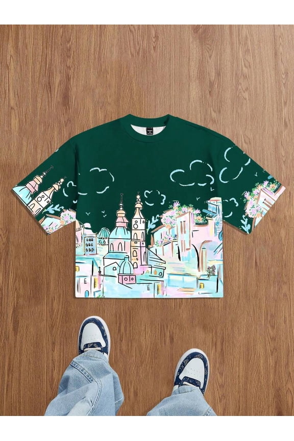 Dark Green Mens Loose Fit Graphic Print T-Shirt Featuring Colorful Mediterranean Village Illustration