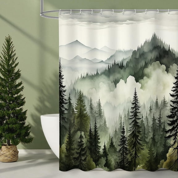 Dark Green Misty Pine Forest Shower Curtain, Mountain Foggy Woodland Scenery Tree Shower Curtains for Chic Rustic Bathroom, Abstract Modern Waterproof Nature-Themed Decor, 72x72 Inches