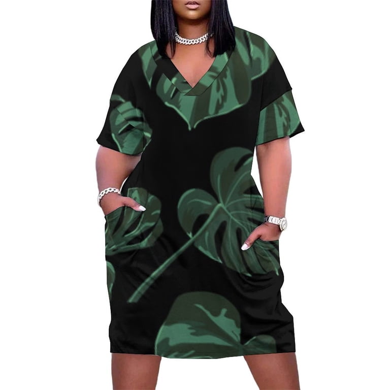 Dark Green Monstera Leaf Pattern Women's Summer Short Sleeve Casual Dresses  Party Dress - Walmart.com
