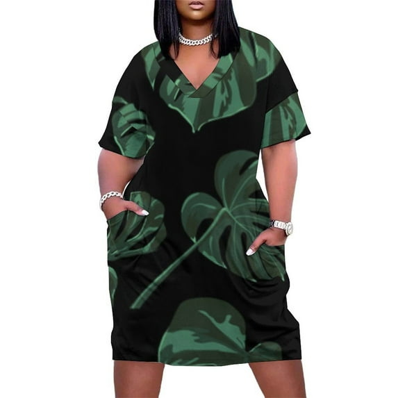 Dark Green Monstera Leaf Pattern Women's Summer Short Sleeve Casual Dresses Party Dress