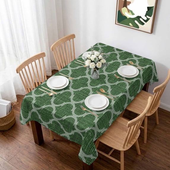 Dark Green Moroccan Table Cloth Waterproof Tablecloths, Middle Century Quatrefoil Plaid Art Tablecloth Dining Table Cover for Kitchen Party Tabletop Outdoor, Rectangle Tablecloth 60x84 Inch