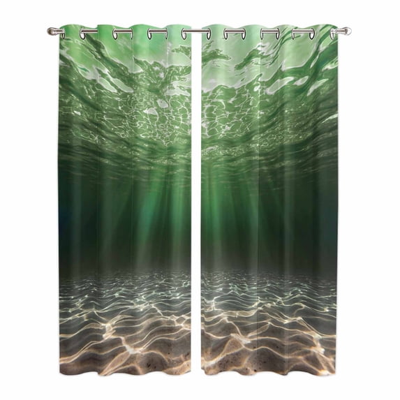 Dark Green Ocean Waves Kitchen Curtains Window Panels, Summer Beach Coastal Abstract Insulated Window Treatment Curtain, Grommet Curtains for Bedroom/Living Room/Bathroom, 2 Piece 42"Wx84"L