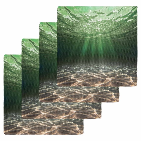 Dark Green Ocean Waves Kitchen Dish Towels for Drying Dishes Set of 4, Summer Beach Coastal Abstract Waffle Weave Microfiber Hand Tea Bathroom Towels Quick Dry & Absorbent Towel 12x12