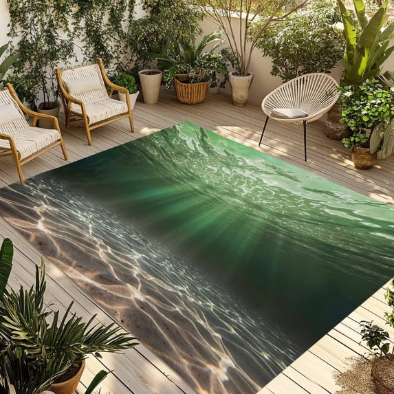 Dark Green Ocean Waves Outdoor Rug for Patio/Deck/Porch, Non-Slip Large Area Rug 5 x 8 Ft, Summer Beach Coastal Abstract Indoor Outdoor Rugs Washable Area Rugs, Reversible Camping Rug Carpet Runner