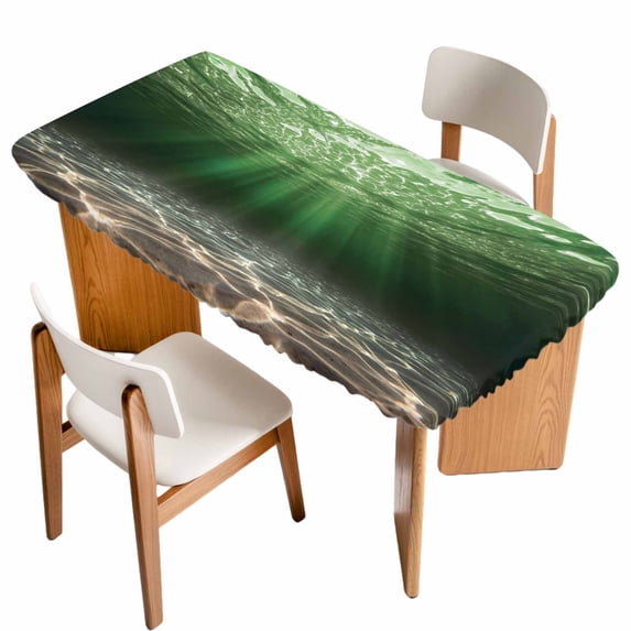 Dark Green Ocean Waves Table Cloths for 4 Foot Rectangle Tables, Summer Beach Coastal Abstract Patio Waterproof Elastic Fitted Tablecloths, Washable Rectangular Table Cover for Camping