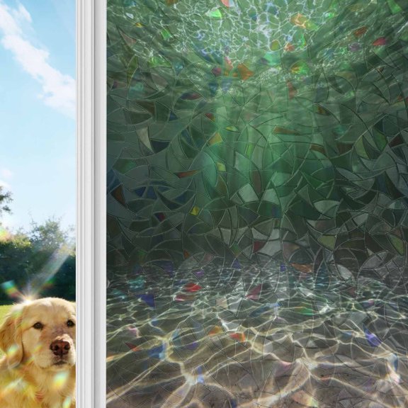 Dark Green Ocean Waves Window Privacy Film Stain Glass,Reusable Decorative Rainbow Window Film,Summer Beach Coastal Abstract Static Cling Sun Blocking Stickers Decals Covers 17.7" x 39.3" (2pcs)