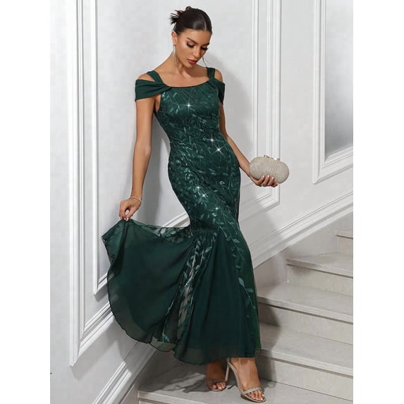 Dark Green Off-Shoulder Sequin Mermaid Evening Gown For Formal Prom Party